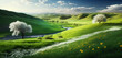 Beautiful spring landscape scene with rolling green hills and flowers. Generative ai