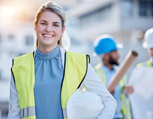 Wall Mural - Construction worker, happy woman portrait or engineering contractor for career mindset, industry and building development. Young face of industrial person, builder or project manager in architecture