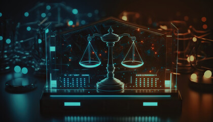 Sticker - Law scales on background of data center. Digital law concept of duality of Judiciary, Jurisprudence and Justice and data in the modern world. Copy space. Based on Generative AI