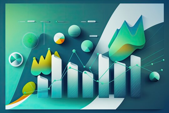Abstract illustration of graphs, diagrams, parabolas, and geometric shapes on a blue green gradient background. In the present day, presentation, background for your interface, advertising, and text