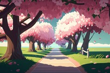 A Path Leading Through A Canopy Of Blossoming Sakura Trees. Avenue Of Cherry Flowering Sakura. Beautiful Springtime Park With Groves Of Flowering Cherry Sakura Trees And Lush Grass. Generative AI
