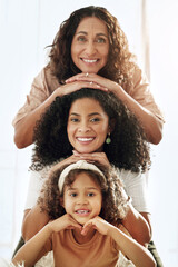 Wall Mural - Generations, stack portrait and women of family with grandmother, mother and daughter with smile. Black woman, grandma and girl faces, love and bonding in home living room with solidarity