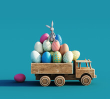 Wooden Toy Truck Loaded With Colorful Easter Eggs Bunny Toy On Blue Background. 3D Rendering, 3D Illustration