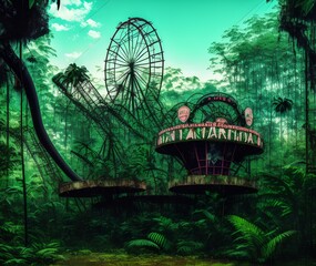 Abandoned Amusement Park Lost in Jungle, Generative AI Illustration