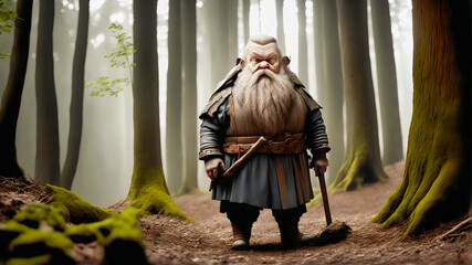 Wall Mural - closeup of photo-realistic dwarf old man with long white beard and in blue clothes walking in forest with blurry trees in background, generative AI