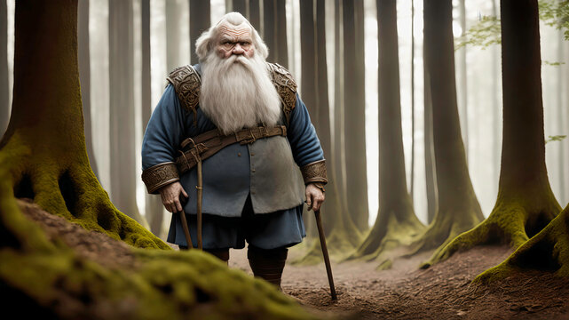 closeup of photo-realistic dwarf old man with long white beard and in blue clothes walking in forest