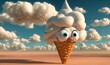  a cartoon ice cream cone with a face sticking out of it.  generative ai