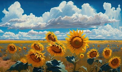 Wall Mural -  a painting of a field of sunflowers with a sky background.  generative ai