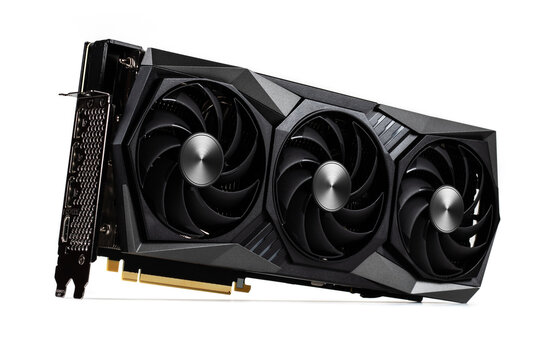 Computer graphic card with three fans. Video card with three coolers from the computer. GPU card. IT hardware.