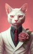 Hübsche anthropomorphe albino Katze im weißen Anzug und roter Rose auf rosa Hintergrund, Generative AI 