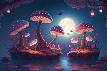 Poster - Fantasy mushrooms with lanterns in a wonderful enchanted fairy tale setting with a woodland lake, a fabulous fairytale pink rose flower garden on a mysterious background, and a luminous moon ray in th