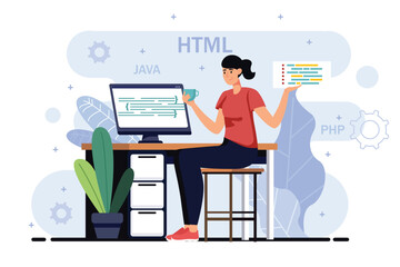 Poster - Programing software minimalistic concept with people scene in the flat cartoon style. Programmer works to install software on a customer's computer. Vector illustration.