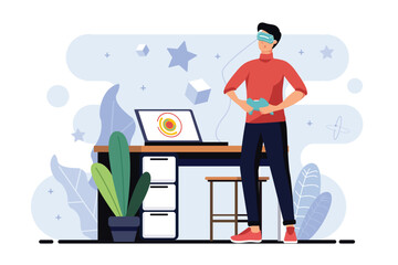 Aufkleber - VR minimalistic concept with people scene in the flat cartoon design. Guy plays computer games in virtual reality using a laptop. Vector illustration.