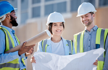 Wall Mural - Blueprint, planning and engineering with people on construction site for teamwork, building and architecture. Meeting, floor plan and project management with group of engineer for idea and graphic