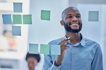 Black man, writing and planning schedule with smile on glass board for brainstorming tasks at office. Happy African American male smiling in project plan, idea or sticky note for company strategy