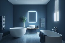 Modern Bathroom Interior Design,bathroom With Blank Dark Blue Wall. Generative AI
