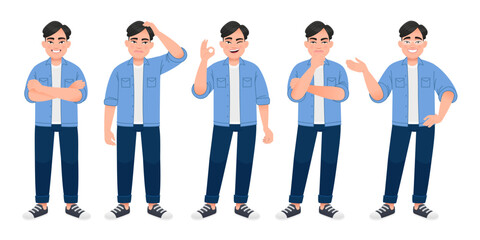 Wall Mural - Young Chinese man in a blue shirt, white T-shirt and jeans stands in different poses. A full-length man is a set of characters. A white man is standing with his arms crossed, thinking about something