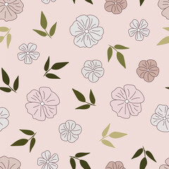 Wall Mural - Modern tropical flowers seamless pattern design. Seamless pattern with spring flowers and leaves. Hand drawn background. floral pattern for wallpaper or fabric. Botanic Tile.