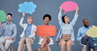 © Coral N/peopleimages.com - Social media, chat and business people with a speech bubble for communication and opinion. Mockup, blank and portrait of employees showing an information board for feedback, review and voice at work
