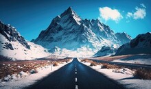  A Long Road With A Mountain In The Background And Snow On The Ground.  Generative Ai