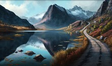  A Painting Of A Mountain Lake With A Road Going Through It.  Generative Ai