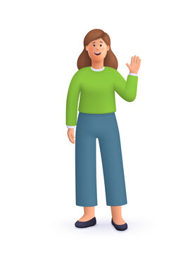 Wall Mural - Young smiling woman standing with greeting gesture, saying Hello, Hi or Bye and waving with hand.. 3d vector people character illustration. Cartoon minimal style.