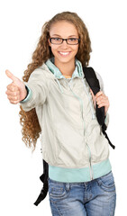 Canvas Print - Friendly Young Girl with Rucksack and Thumb Up - Isolated