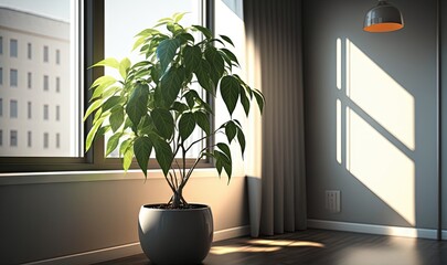 Poster -  a potted plant sitting on a wooden floor next to a window.  generative ai