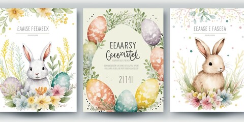 Happy Easter watercolor cards set with cute Easter rabbit, eggs, and spring flowers