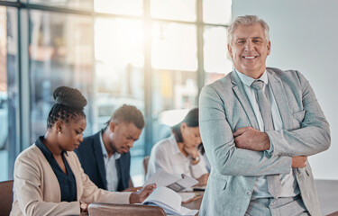 Sticker - Senior businessman, portrait and arms crossed for meeting leadership or management at the office. Happy elderly male CEO leader or manager smiling for teamwork collaboration or strategy at workplace