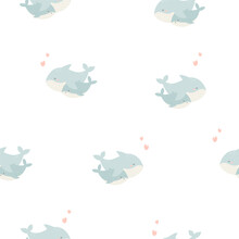 Seamless Pattern With Cute Mother Whale And Baby On White Background.
