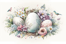 Easter Card. Eggs, Bird And Flowers, Copy Space. Easter Decor. Watercolor, Pastel Colos. Generative AI