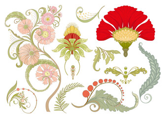 Decorative flowers and leaves in art nouveau style, vintage, old, retro style. Vector illustration. Clip art, set of elements for design