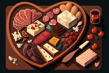 Wall Mural - A charcuterie spread fit for a Valentine's Day celebration, complete with meats, cheeses, and treats. A bird's eye perspective against a wood paneled backdrop. Generative AI