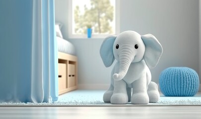 Wall Mural -  an elephant toy sitting on a blue rug in a room.  generative ai