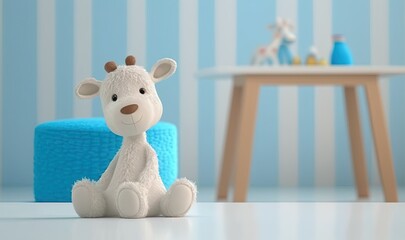 Poster -  a stuffed giraffe sitting on the floor next to a blue chair.  generative ai