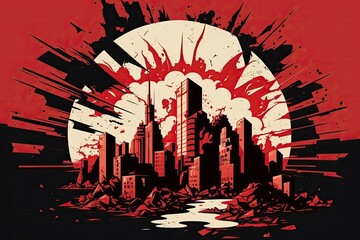 Poster - a made up metropolis is utterly annihilated by fires, explosions, rubble, and crumbling buildings. d