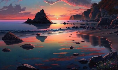 Sticker -  a painting of a sunset on a beach with rocks and water.  generative ai