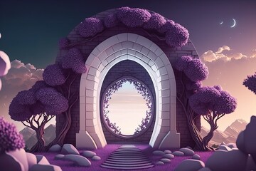 Poster - Dreamlike landscape complete with a stone arch and lilacs. A lilac grove, a stone arch, a portal to an otherworldly realm. Generative AI