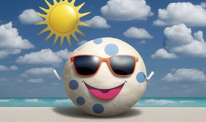 Poster -  a ball with sunglasses and a smiling face on a beach.  generative ai