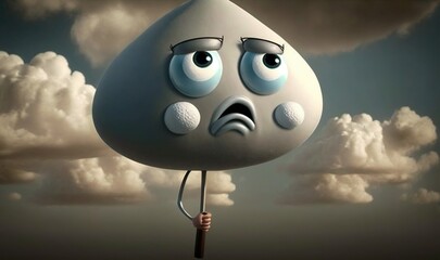 Poster -  a sad cartoon character holding a stick in front of a cloudy sky.  generative ai