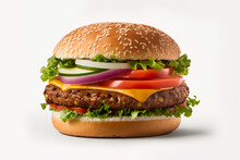 A Delicious Burger Hamburger Cheeseburger  Or Veggie Burger On A White Background. Generative AI