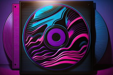 Wall Mural - Blank purple record labels serve as a backdrop for a realistic drawing of psychedelic purple and blue vinyl records in the retrowave or synthwave style. Generative AI