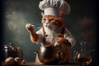 Portrait of a cat dressed as a chef. The cat is in the kitchen. AI generated.