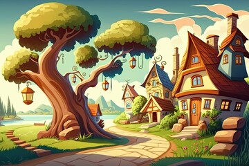 Canvas Print - Fantastical cartoon village in the country, setting for a fairy tale romance. Illustration. Generative AI