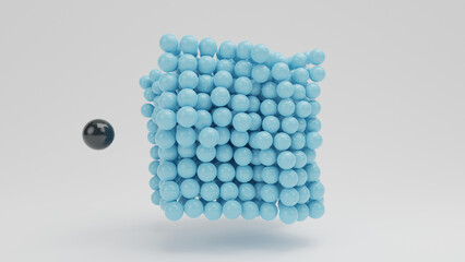Poster - 3d rendering of an array of many blue cubes that is punched out by a black ball. Evil destroyed the structure and led the world to chaos.