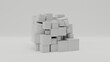 3d rendering of an array of many white cubes of different shapes on a white surface. Abstract composition. The idea of combining chaos, disorder, structure and beauty.
