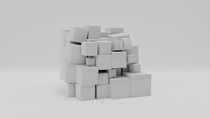 Poster - 3d rendering of an array of many white cubes of different shapes on a white surface. abstract compos