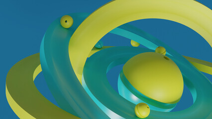 Poster - 3d rendering of a large yellow-blue sphere and many rings with the same balls. the composition is in