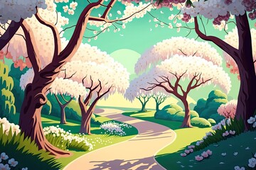 Sticker - Beautiful blossoming cherry trees along the path of a winding garden path in this picturesque spring scene. Generative AI